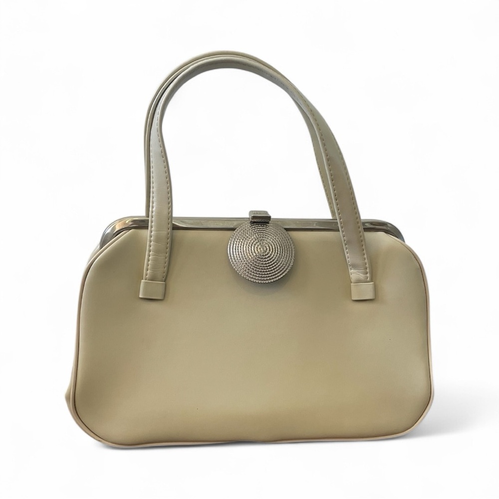 Vintage Cream Beige Top Handle Silver Frame Circular Clasp Handbag Purse